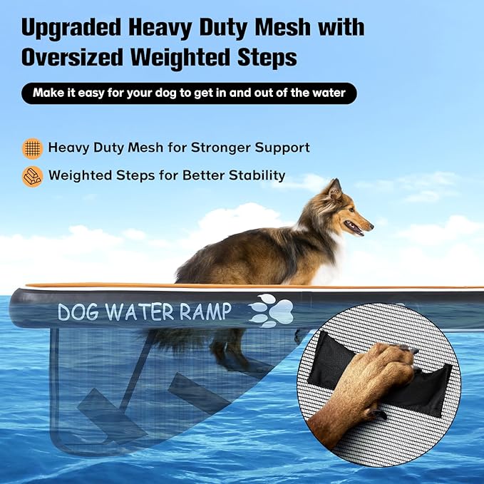Inflatable Dog Water Platform and Dog Water Ramp 2 in 1, Upgrated Pet Floating Ladder with Non-Slip EVA Foam for Large Dogs Up to 180LBS, Suit for Pool, Lake, Dock and Boat(Large, Brown)