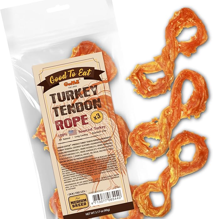 Gootoe Turkey Tendon Dog Treats, Rope (M) 3.17 oz, USA-Sourced Turkey Tendon, Natural Snack, Premium Puppy Chews, Hypoallergenic, Reseal Value Bags, Size for Medium Dogs