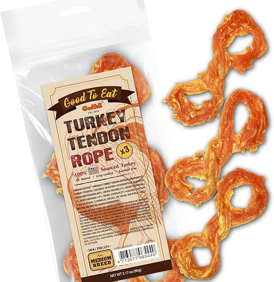 Gootoe Turkey Tendon Dog Treats, Rope (M) 3.17 oz, USA-Sourced Turkey Tendon, Natural Snack, Premium Puppy Chews, Hypoallergenic, Reseal Value Bags, Size for Medium Dogs