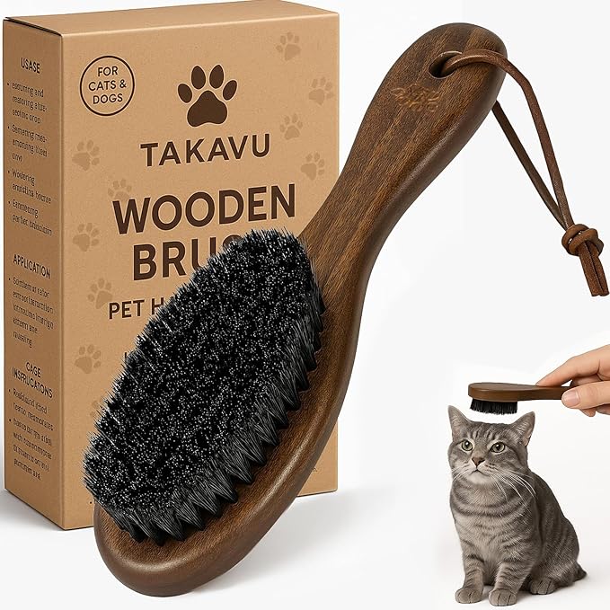 Takavu Boar Bristle Cat Hair Brush, Gentle Grooming Brush with Natural Bristles and Wooden Handle for Sensitive Skin, Pet Cleaning Supplies Keeping Your Cat's Fur Hair Coat Healthy and Shiny