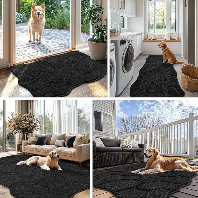 Large Dog Door Mat for Muddy Paws, 22x47 Absorbent Dirt Trapper Long Door Mat, Non-Slip Washable Mud Mat for Dogs, Polyester Microfiber Soft Pet Rug Mat for Entryway, Mud Dog Paws, Patio (Black)