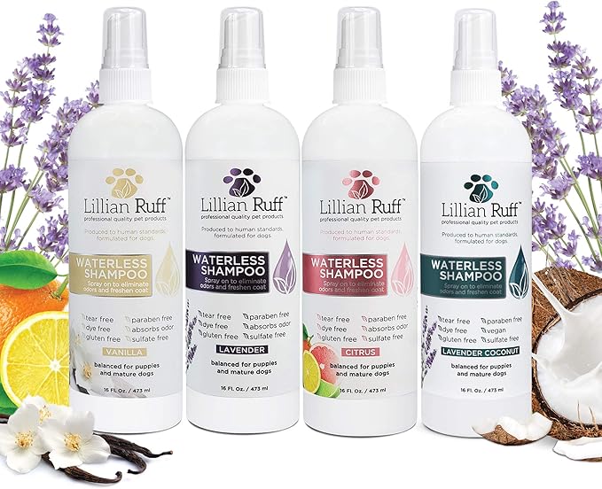 Lillian Ruff Waterless No-Rinse Dog Dry Shampoo Spray with Hydrating Essential Oils - pH-Balanced Dry Shampoo for Dogs - Clean, Condition, Detangle & Deodorize Dry, Sensitive Skin (Lavender Coconut)