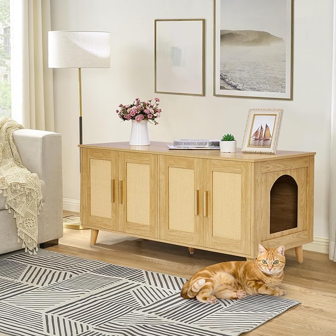 Homhedy Boho Cat Litter Box Enclosure for 2 Cats, Wooden Cat Washroom Furniture with Double Rattan Decorated Doors, Pet House,47.2”L x 19.7”W x 21.7”H, Natural
