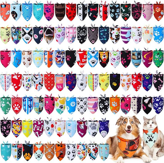 100 Pcs Paw Dog Bandanas Bulk Pet Bibs Colorful Triangle Scarf Paw Pattern Pet Bandanas for Medium Large Dogs Holiday Summer Birthday Costume Decor
