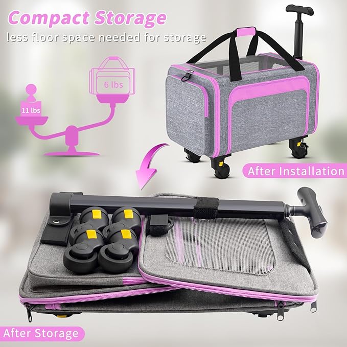 3-in-1 Upgraded Pet Carrier with Wheels, 18" x 11" x 11" TSA Airline Approved, Cat Carrier on Wheels for Small Cats Up to 15Lbs, Rolling Pet Carrier, Cat Soft-Sided Bag for Flying, Travel & Vet