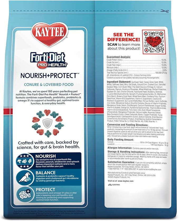 Kaytee Forti-Diet Pro Health Nourish+Protect Conure & Lovebird Food, Comprehensive Nutrition Backed by Science, Digestive Health, Immune Support, 4 pounds