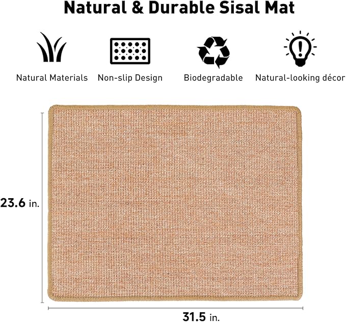 FUKUMARU Cat Scratcher Mat, 23.6 X 31.5 Inch Natural Sisal Cat Scratch Mats, Horizontal Cat Floor Scratching Pad Rug, Protect Carpets and Sofas Brown