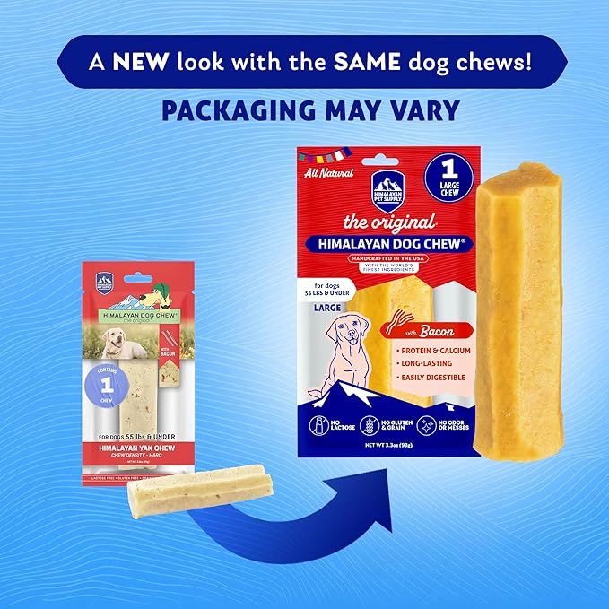 Himalayan Chew Original Yak Cheese Chew, Bacon, 1 Large Stick, 3.3 oz, Gluten Free, Healthy Treats, Grain & Lactose Free 100% Natural, Long Lasting Chews for s Under 55 lbs