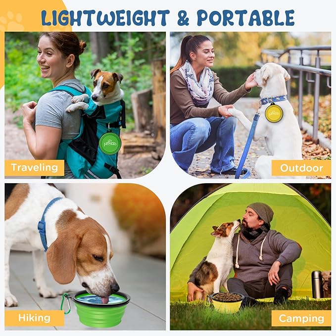Large Collapsible Dog Bowls, 2 Pack 34oz Portable Travel Dog Bowls, Foldable Water Bowl for Dogs, Pet Feeding Watering Dish with Carabiner, Food Grade Silicone BPA Free(Yellow+Green, L)