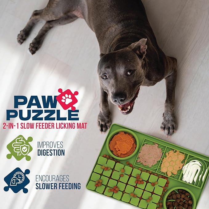 Palz&Co Paw Puzzle 2-in-1 Slow Feeder & Lick Mat for Dogs and Cats, Dry and Wet Food, Dishwasher Safe Silicone, Large 15.75"x10.5", Green