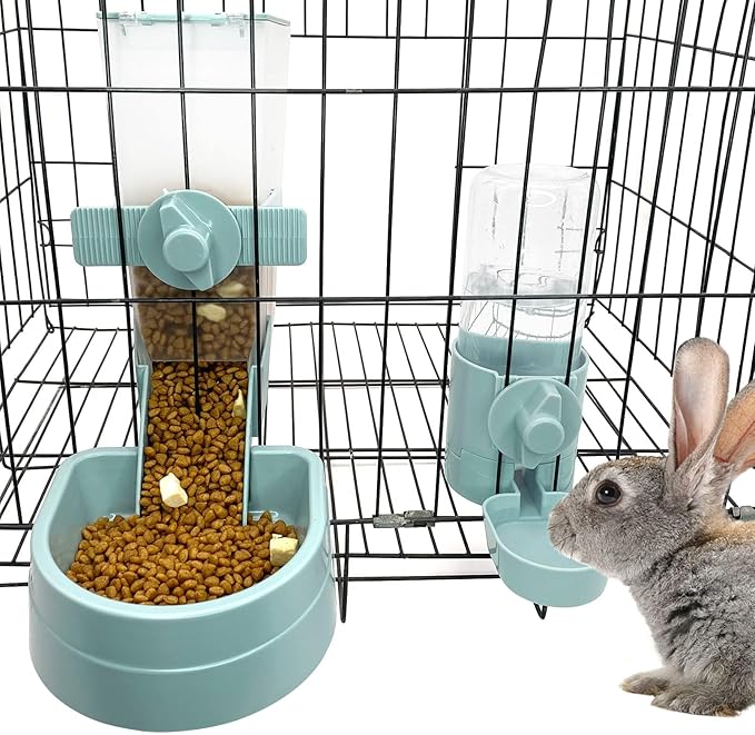 kathson Rabbit Food Water Dispenser Pet Cage Automatic Feeder 2L Food Dispenser 17oz Waterer Small Animal Hanging Bottle Bowl Set for Rabbit Cat Small Dog Ferret Puppy