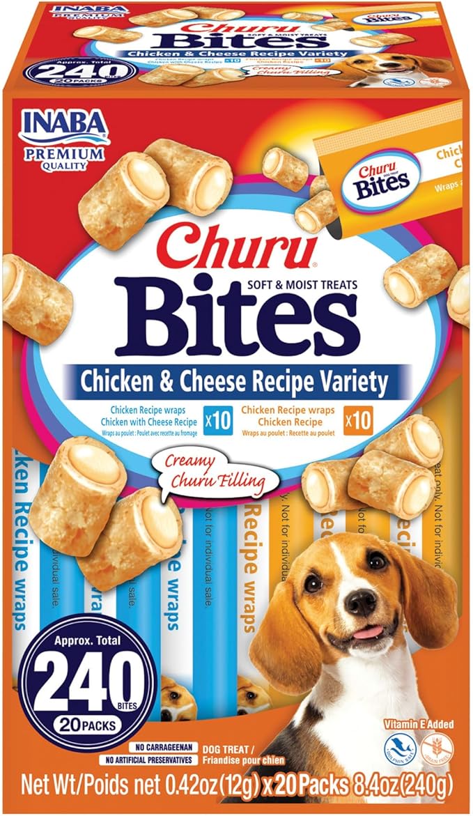 INABA Churu Bites for Dogs, Soft & Chewy Dog Treats with Vitamin E, 0.42 Ounces Each Tube, 20 Tubes, Chicken & Cheese Variety Box