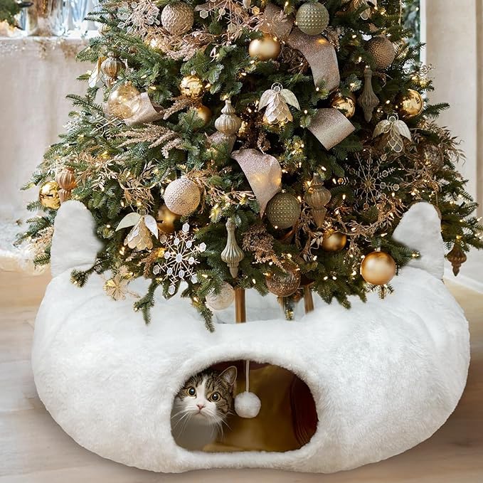 OurWarm White Cat Tunnel Bed Under Christmas Tree, Fluffy Plush Cat Tunnel Christmas Tree Skirt, Collapsible Peekaboo Donut Cave with Washable Mat and Hanging Ball for Indoor Small Animals