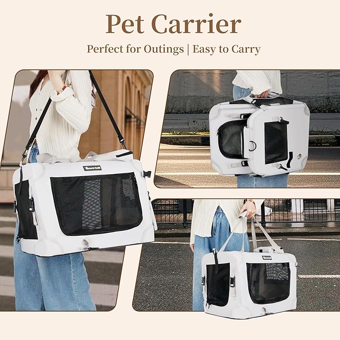 Large Cat Carrier for Cats Collapsible Soft Pet XL Crate for Large/Medium Cats 15lbs+ Car Travel Portable Bag with Water Bottle Slot Ideal for Long Trips (Beige, 20.0"L x 14.0"W x 14.0"H)