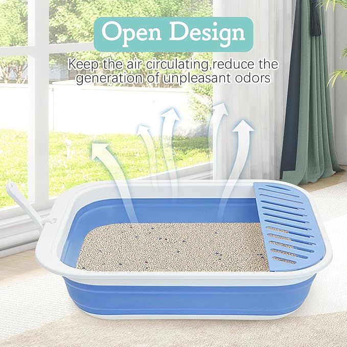Fhiny Cat Litter Box Portable Shallow Litter Box 17.7"x13.4"x4.9" Foldable Cat Toilet with Scoop Open Kitty Potty Pan with Litter Drop Pedal Easy to Clean Travel Kitten Toilet(Blue)