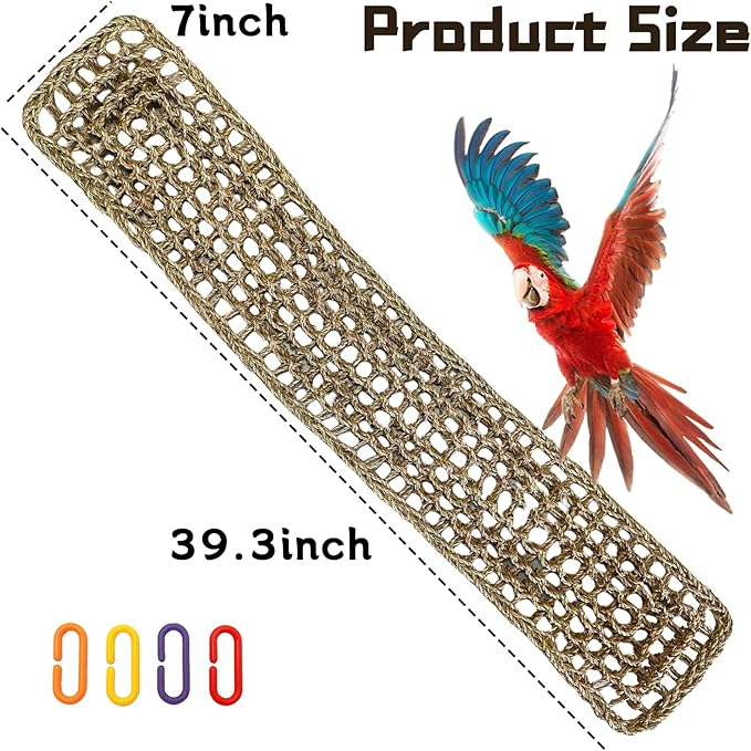 Bird Seagrass Mat 39.4×7" Natural Grass Woven Net Hammock Hanging on Parrot Cage with Hooks Parakeet Climbing Rope Ladder Chew Toys for Lovebird Cockatiel Conure Budgie Cockatoo Supplies