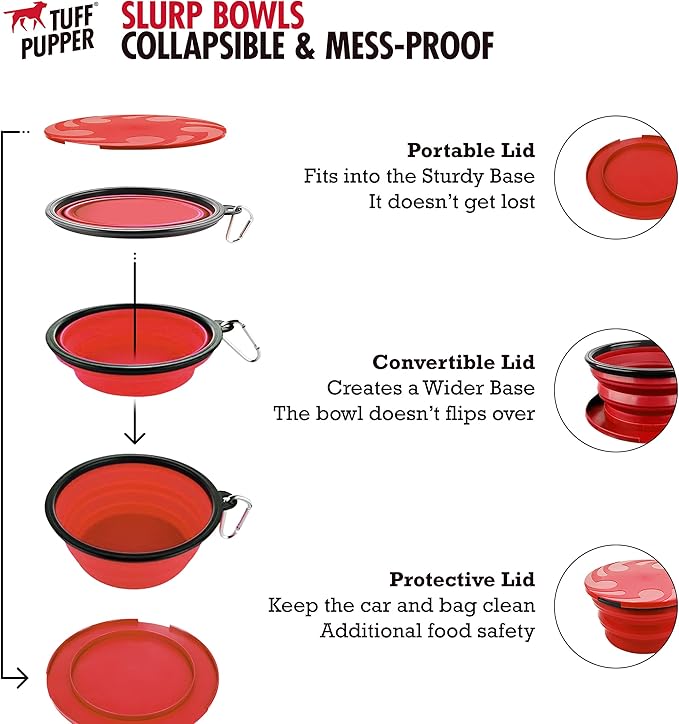 Tuff Pupper SuperBigSlurp Collapsible Dog Bowls | Extra Large Capacity | Portable, Food Safe, Odorless | Non-Toxic Silicone [ Red Bowl 60oz]