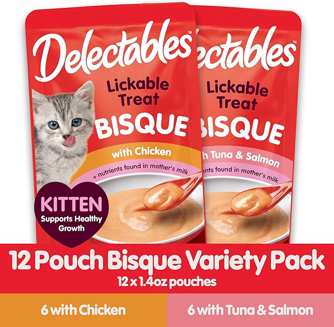 Hartz Delectables Bisque for Kittens, Complete & Balanced Variety Pack Cat Wet Lickable Treats, 12 Count