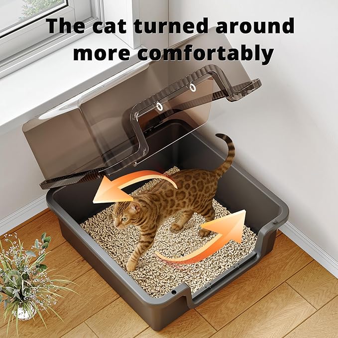 Oneluck Large Covered Cat Litter Box with Scoop and Transparent Lid, Non-Stick, Durable, Easy-Clean Pan for Multi-Cat Households,XL,Black