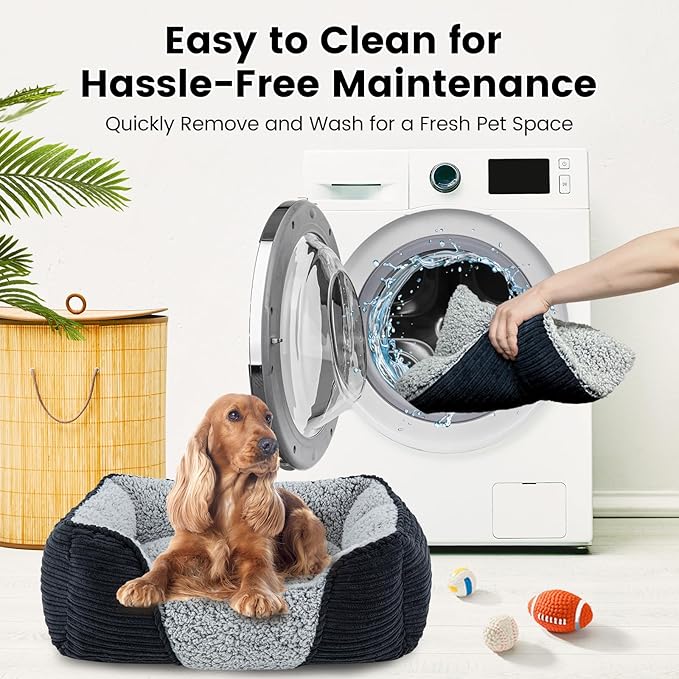 Miguel Washable Dog Bed for Small Dogs, Easy to Wash Cat Sofa Bed with High Sides, Rectangle Bolster Cat Bed Calming Cuddle Puppy Bed with Anti-Slip Bottom, Black 20 Inch