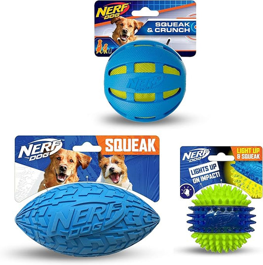 Nerf Dog Toy Gift Set, 3-Piece Set of Outdoor Dog Toys for Fetch, Includes Checker Crunch Ball, Spike LED Squeak Ball and Tire Squeak Football
