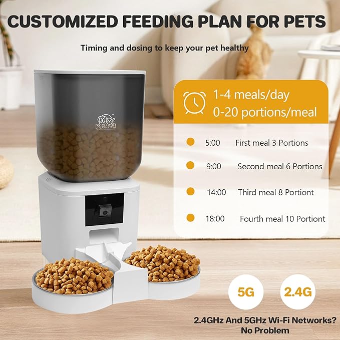 8L Automatic Cat Feeder with Camera – Automatic Dog Feeder Large Breed, Dual Bowl WiFi Cat Food Dispenser, Pet Food Dispenser with Tuya App Control, Night Vision, Voice Control, Timed Meals