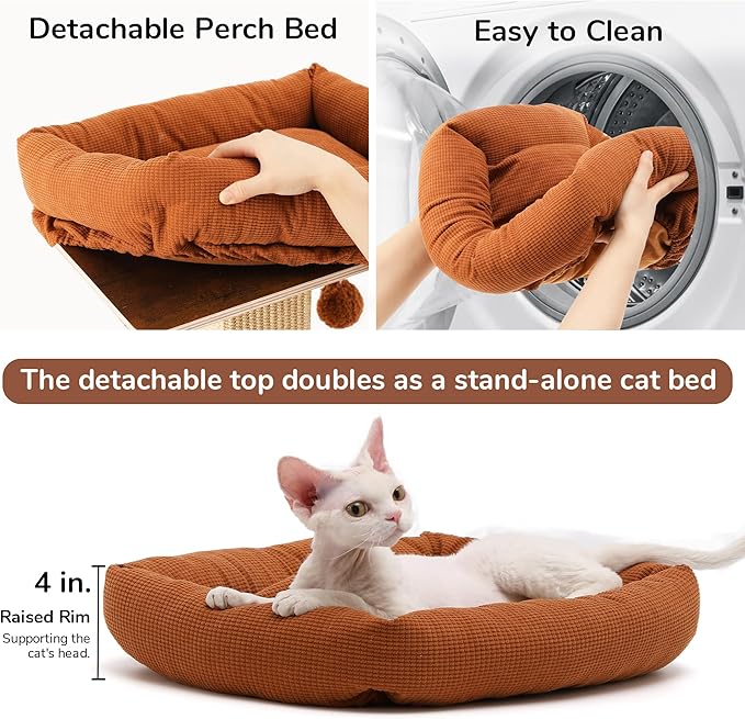 FUKUMARU Cat Scratching Post, Retro-Style Tall Scratch Posts with Perch for Infoor Cats Adults, Large Cat Scratcher Tower with Bed, Natural Sisal & Solid Wood