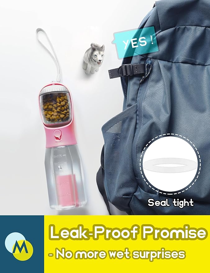 Portable Water Bottle for Dogs, 3 in 1 Pet Travel Bowl Dispenser with Food Treat Container & Poop Bag Holder, Summer Outdoor Walking Hiking Accessories for Large Dog On The Go - Pink, 20oz