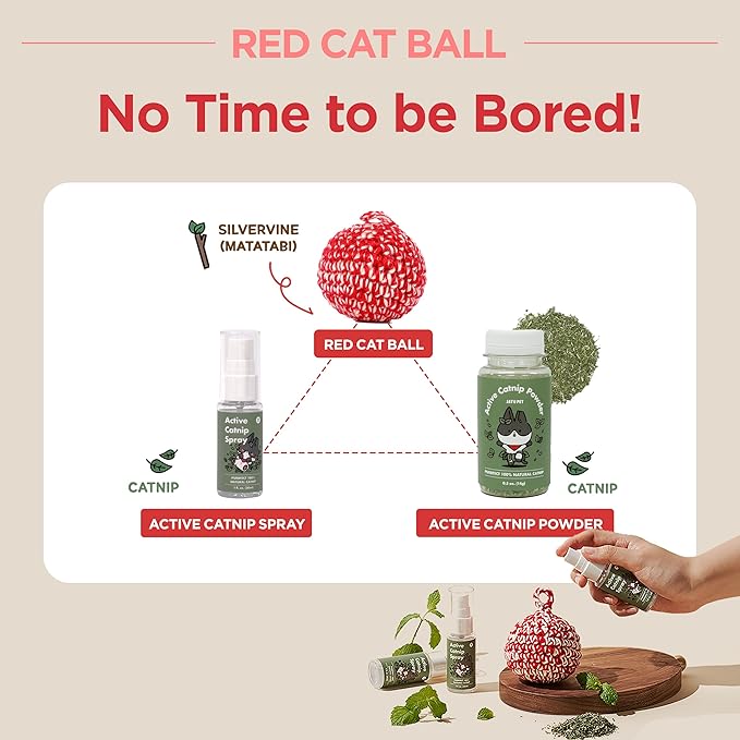JAYU PET Red Cat Ball [W/Bell Version] - Handmade Silvervine Cat Toy with Catnip, Interactive Matatabi Ball for Indoor Cats & Kittens, Feline Play Toy & Gift (2.7 inch)