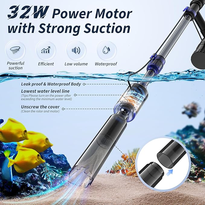 Fish Tank Cleaner, Aquarium Gravel Cleaner, 530GPH/32W Electric Fish Tank Cleaning Tools, Adjustable Water Flow Fish Tank Gravel Cleaner Vacuum, Aquarium Cleaner Kit for Water Circulation, Wash Sand