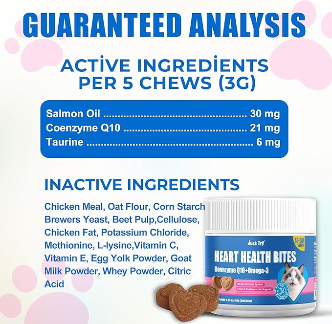 Just Try Coenzyme Q10 coq10 Bites for Cats - Advanced q10 & Taurine Supplement for Feline Heart Health - Chicken Flavored Soft Chews - Supports Heart Function - 300 Count