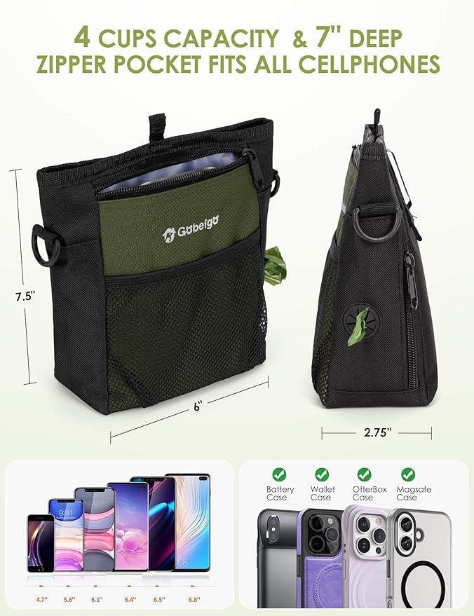 Gobeigo Dog Treat Pouch with Silicone Snack Bag, Front Pocket fits All Phones, 4 Cup Treat Bag with Training Clicker, Upgrade Stronger Magnetic Closure, 3 Ways to Wear Walking Fanny Pack (Army Green)