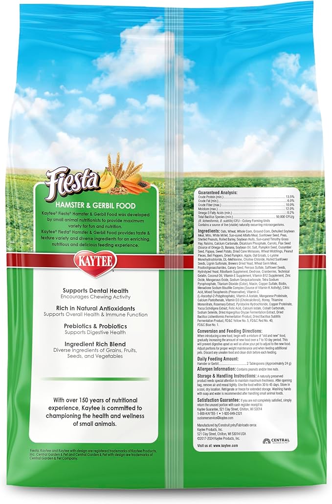 Kaytee Fiesta Hamster & Gerbil Food, Nutritious and Fun Blend, Supports Dental Health and Digestion, 4.5 pounds