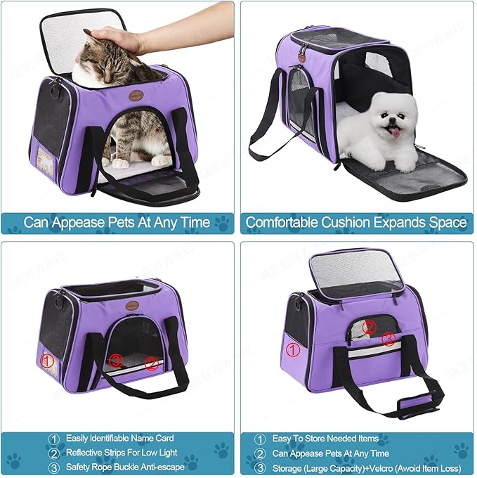 Cat Carrier Dog Carrier Pet Carriers for Medium Small Cats Dogs Puppies up to 15 Lbs,TSA Airline Approved Small Dog Cat Carriers Soft Sided,Collapsible Travel Puppy Carrier (Purple, Large)