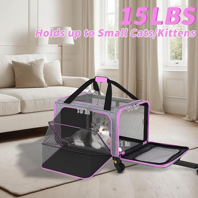 3-in-1 Upgraded Pet Carrier with Wheels, 18" x 11" x 11" TSA Airline Approved, Cat Carrier on Wheels for Small Cats Up to 15Lbs, Rolling Pet Carrier, Cat Soft-Sided Bag for Flying, Travel & Vet