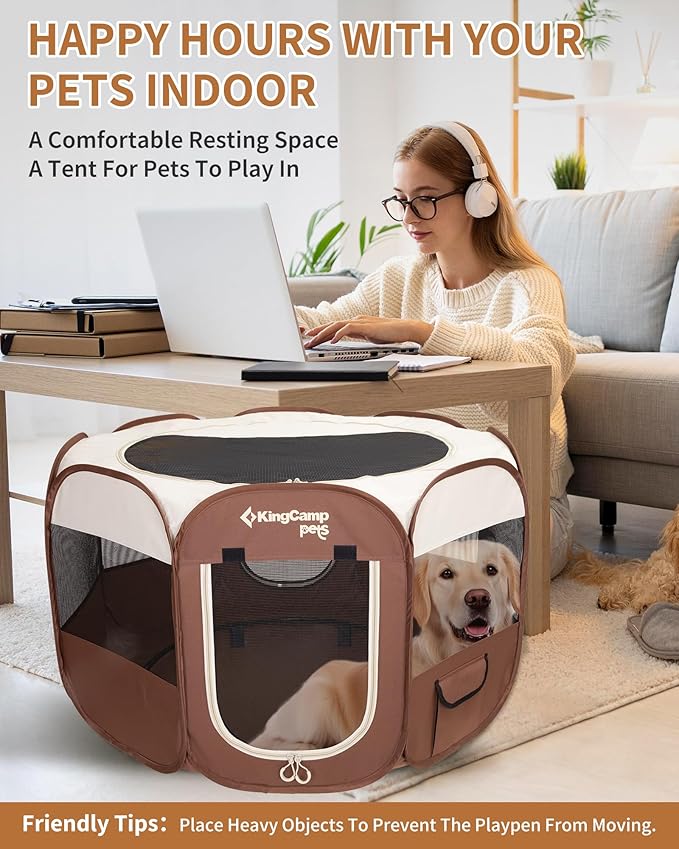 KingCamp Dog Playpen, Portable Foldable Cat Kitten Puppy Tent Crates 29"/36"/50" Pop Up Pet Playpen with Zippered Bottom & Cover for Indoor Outdoor Use (X-Large, Khaki)