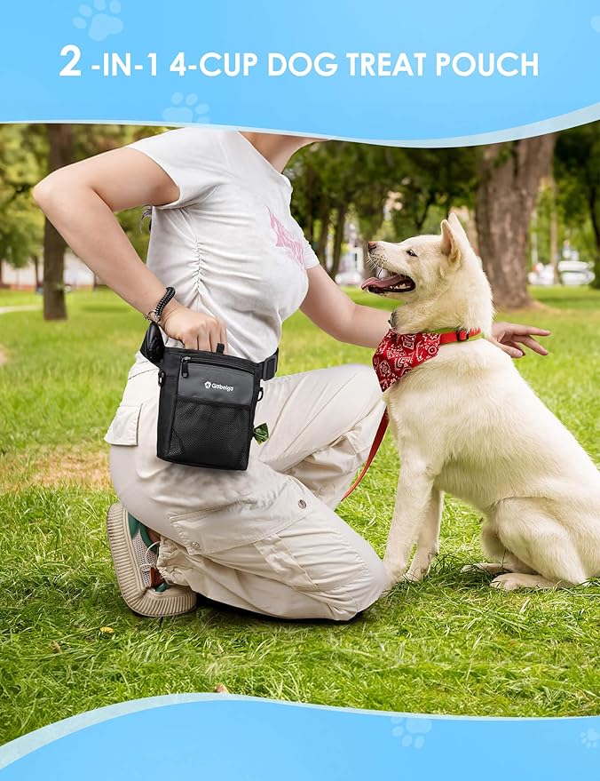Gobeigo Dog Treat Pouch with Silicone Snack Bag, Front Pocket fits All Phones, 4 Cup Treat Bag with Training Clicker, Upgrade Stronger Magnetic Closure, 3 Ways to Wear Walking Fanny Pack (Gray)