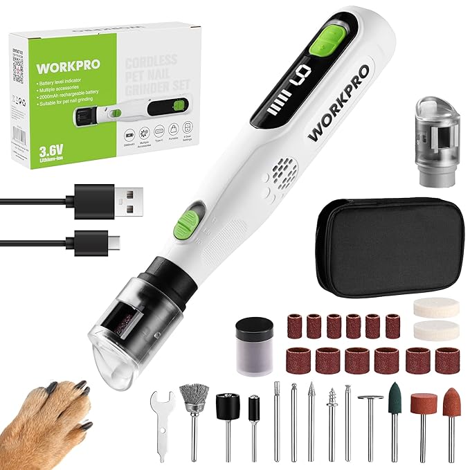 WORKPRO 6-Speed Dog Nail Grinder, Pet Nail Grinder for Small, Medium, and Large Dogs and Cats, 70 Accessories Rotary Tool with Type-C Charging Cable and Storage Bag for Sanding, Carving, and Polishing