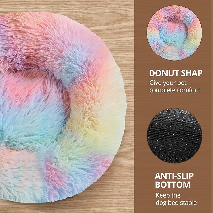 JOLLYVOGUE Calming Dog & Cat Bed for Small Dogs, Anti-Anxiety Donut Cuddler Cozy Soft Round Bed with Anti-Slip Bottom, Fluffy Faux Fur Plush Cushion Beds for Small Medium Dogs, 20"/Rainbow