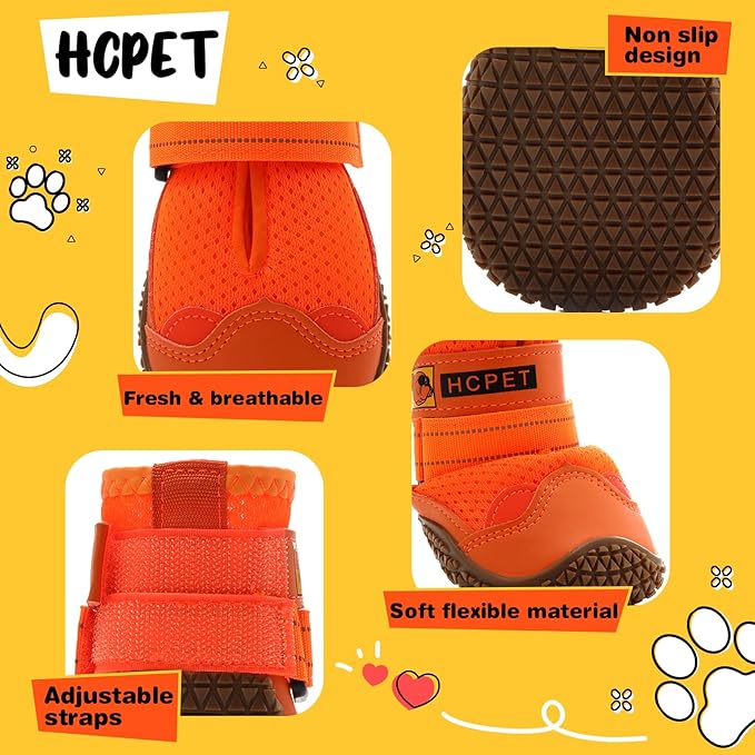 Hcpet Dog Shoes for Large Dogs, Breathable Dog Booties for Small Medium Dogs, Anti-Slip Dog Boots & Paw Protectors for Hot Pavement Winter Snow Hiking with Reflective Straps Orange Size 4