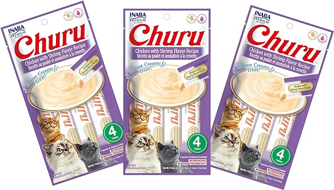 INABA Churu Cat Treats, Grain-Free, Lickable, Squeezable Creamy Purée Cat Treat/Topper with Vitamin E & Taurine, 0.5 Ounces Each Tube, 12 Tubes (4 per Pack), Chicken with Shrimp Recipe