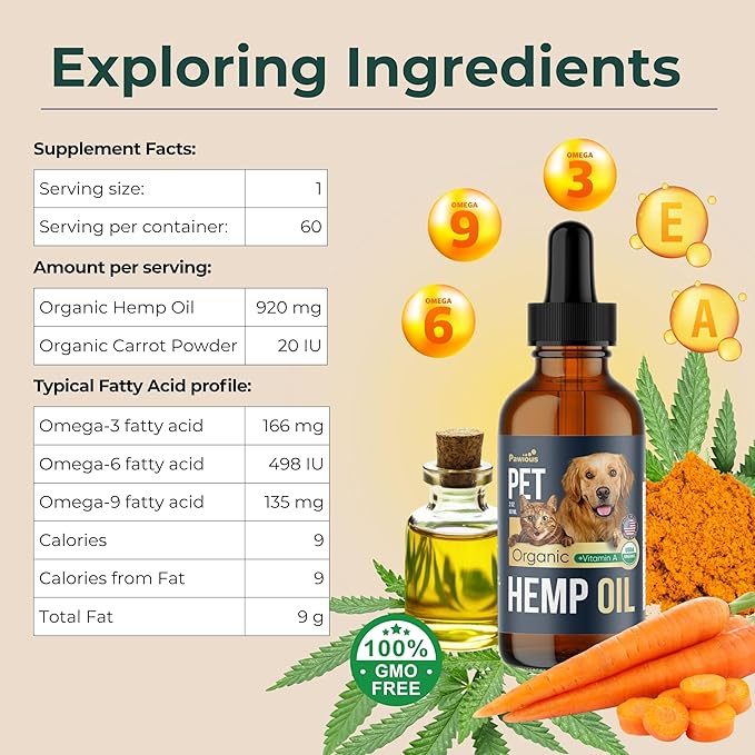 Hemp Oil for Dogs and Cats - USDA Organic, Large 2oz Bottle, Made in USA - Omega 3, 6 and 9, Vitamins A and E - Hip and Joint Support - Anxiety, Arthritis and Seizures Relief, Calming Aid