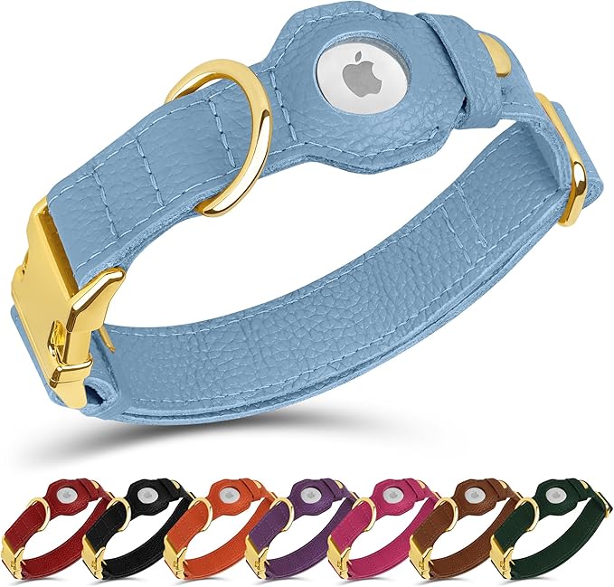 Leather Airtag Dog Collar - Soft Tracking Dog Collar with Apple AirTag Holder and Metal Buckle - Safety GPS Pet Collars for Small Medium Large Dogs Puppy Pink Red (Cornflower, XL, 20"-25" Neck Fit)