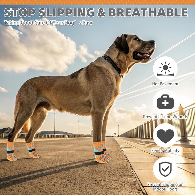KOOLTAIL Dog Socks for Hot Pavement, Summer Breathable Dog Socks to Prevent Licking Paws, Non Slip Pet Boots&Paw Protectors for Hardwood Floor,Grippy Shoes for Small Medium Large Senior Dogs,Orange M