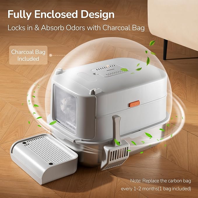 Stainless Steel XL Cat Litter Box with Lid & Door Flap, Extra Large Enclosed Metal Litter Box with High Sides, Light Grey