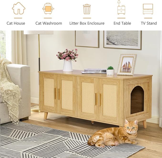 Homhedy Boho Cat Litter Box Enclosure for 2 Cats, Wooden Cat Washroom Furniture with Double Rattan Decorated Doors, Pet House,47.2”L x 19.7”W x 21.7”H, Natural
