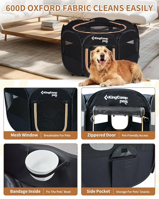 KingCamp Dog Playpen, Portable Foldable Cat Kitten Puppy Tent Crates 29"/36"/50" Pop Up Pet Playpen with Zippered Bottom & Cover for Indoor Outdoor Use (Small, Black)