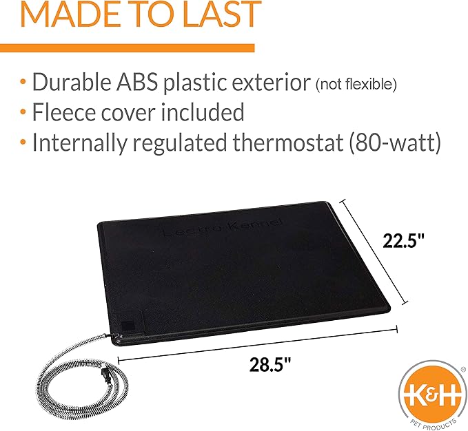 K&H Pet Products Lectro-Kennel Heated Outdoor Dog Pad, Durable Rigid ABS Plastic Waterproof Heated Pad for Cat & Dog Houses Outdoor, Washable Cover, Safety Listed - Large 28.5 X 22.5in Black 80W