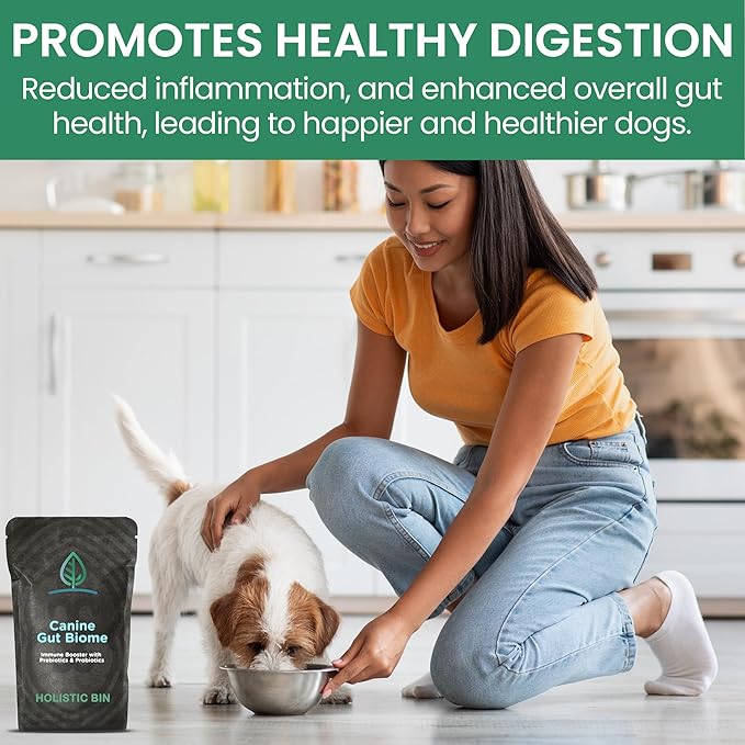 HOLISTIC BIN Canine Gut Biome Powder – Prebiotics & Probiotics for Dogs with Enzymes – Dog Vitamins & Multivitamin for Gut Health – Enzyme Powder Supplement – for Digestive Support - 50 Grams
