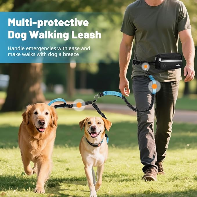Hands Free Dog Leash, Shock Absorbing Waist Leash for Dog Walking, Jogging, Hiking, Adjustable Waist Belt with Fanny Pack & Handle, Reflective Pet Running Belt for 2 Small, Medium, Large Dogs